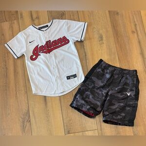 Nike White Kids Baseball Jersey with Red Indians Script Old Navy Shorts